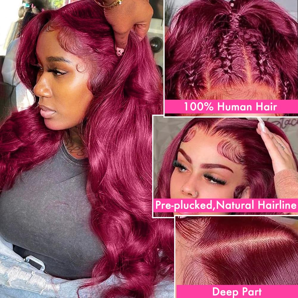 99j Burgundy 13x6 Lace Front Wig 100% Human Hair Body Wave For Black Woman Glueless HD Transparent Lace Wig Pre-plucked with Baby Hair