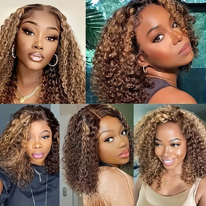 Highlight Ombre Bob Wig Human Hair 13X4 Lace Front Wig Honey Blonde Curly Bob Wig [Sarah]