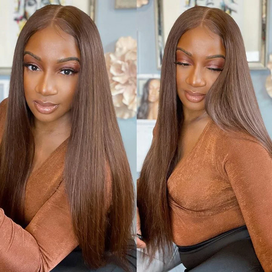 Chocolate Brown Straight Human Hair Wigs 4x4 Lace Closure Silky Straight Brown Wig