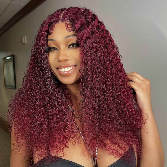 99j Burgundy Jerry Curly Human Hair Wigs 2×4 Lace Closure Curly Wigs for Women