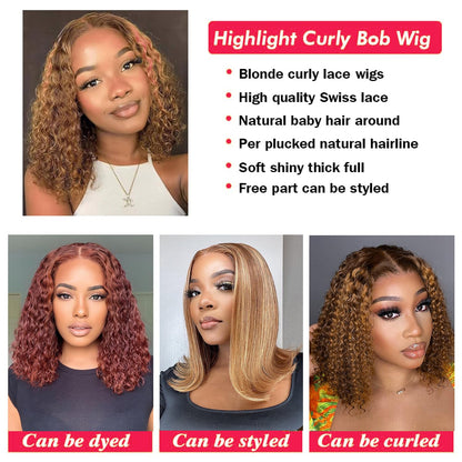 Highlight Ombre Bob Wig Human Hair 13X4 Lace Front Wig Honey Blonde Curly Bob Wig [Sarah]