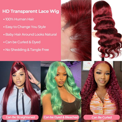 99J Burgundy Straight Wig Human Hair 180% Density 5X5 HD Transparent Lace Closure Wig [Jane]