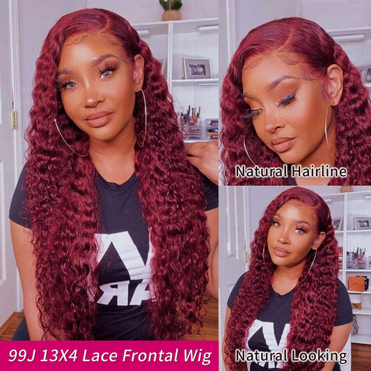 99J Curly Wave Wigs Human Hair 13x4 Lace Frontal Kinky Curly Burgundy Wig Pre Plucked With Baby Hair