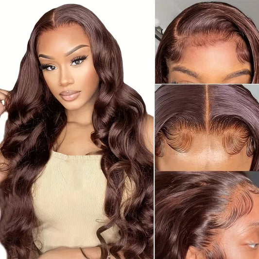 13×4 Lace Front 4# Brown Wavy Wigs Human Hair Pre Plucked Burmese Human Hair