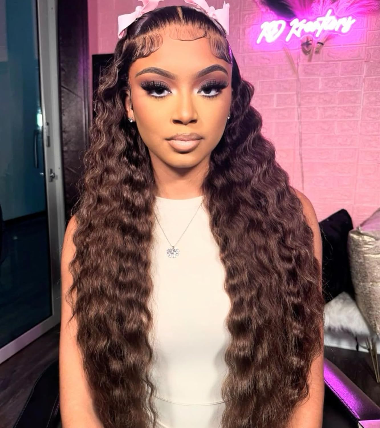 Chestnut Brown Deep Wave Lace Frontal Wig Human Hair 13X4 Lace Frontal Deep Wave Wig With Brown Color(Dear)