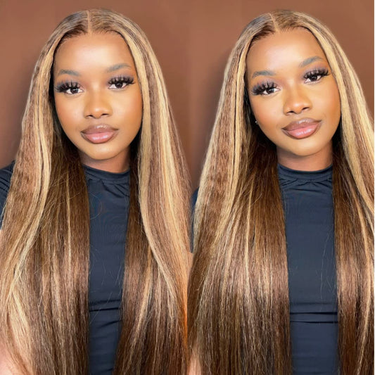 P4/27 Kinky Straight Lace Frontal Wigs 13×4 Lace Front Yiki Straight Hihhlight Human Hair Wigs
