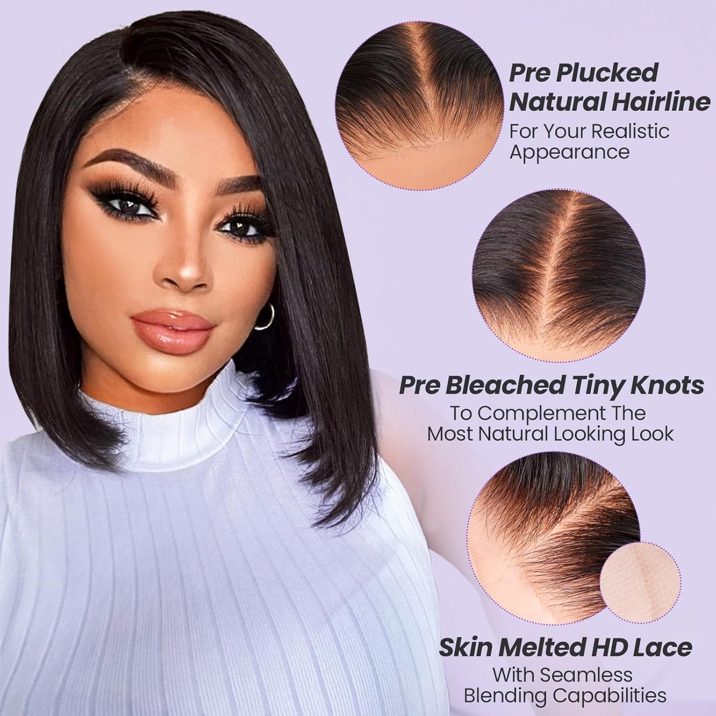 Straight Glueless Bob Wig Human Hair 7X5 Lace Knotless Short Bob Wigs Nature Black (LALA)