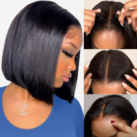 Straight Glueless Bob Wig Human Hair 7X5 Lace Knotless Short Bob Wigs Nature Black (LALA)