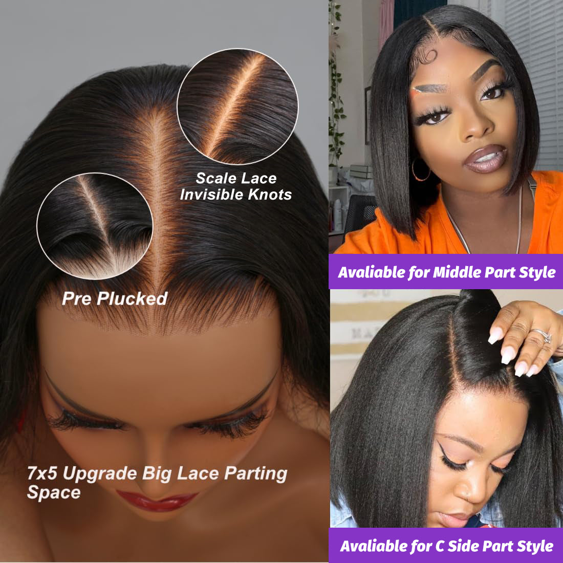 Straight Glueless Bob Wig Human Hair 7X5 Lace Knotless Short Bob Wigs Nature Black (LALA)