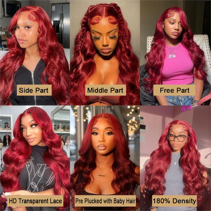99j Burgundy 13x6 Lace Front Wig 100% Human Hair Body Wave For Black Woman Glueless HD Transparent Lace Wig Pre-plucked with Baby Hair