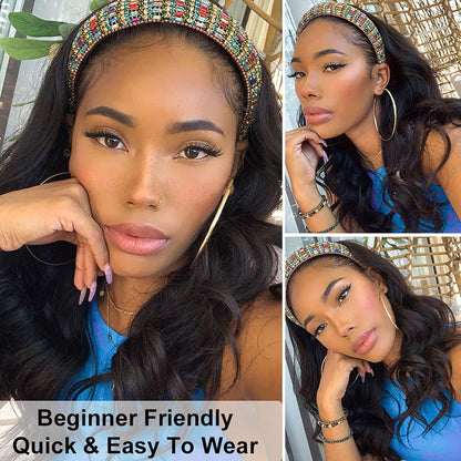 Headband Wigs For Black Woman Body Wave Human Hair Non Lace Machine Made Wigs