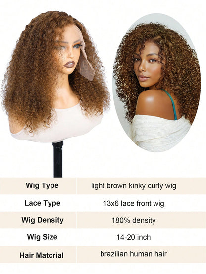 13x6 Kinky Curly Lace Front Wig #4 Brown Color 100% Real Human Hair Pre Plucked Natural Hairline HD Transparent Lace Human Hair Wigs for Women