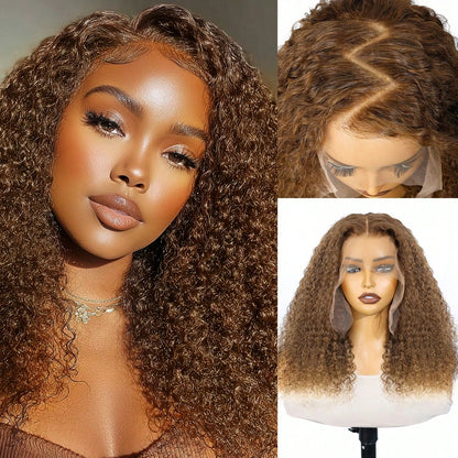 13x6 Kinky Curly Lace Front Wig #4 Brown Color 100% Real Human Hair Pre Plucked Natural Hairline HD Transparent Lace Human Hair Wigs for Women