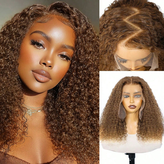 13x6 Kinky Curly Lace Front Wig #4 Brown Color 100% Real Human Hair Pre Plucked Natural Hairline HD Transparent Lace Human Hair Wigs for Women