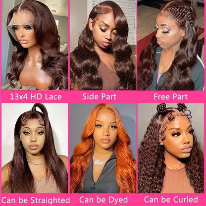 13X4 Lace Frontal Human Hair Wigs Chocolate Brown Body Wave Wigs 18''-30''Can Be Customized