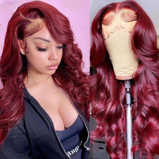 99j Burgundy 13x6 Lace Front Wig 100% Human Hair Body Wave For Black Woman Glueless HD Transparent Lace Wig Pre-plucked with Baby Hair(Rose))