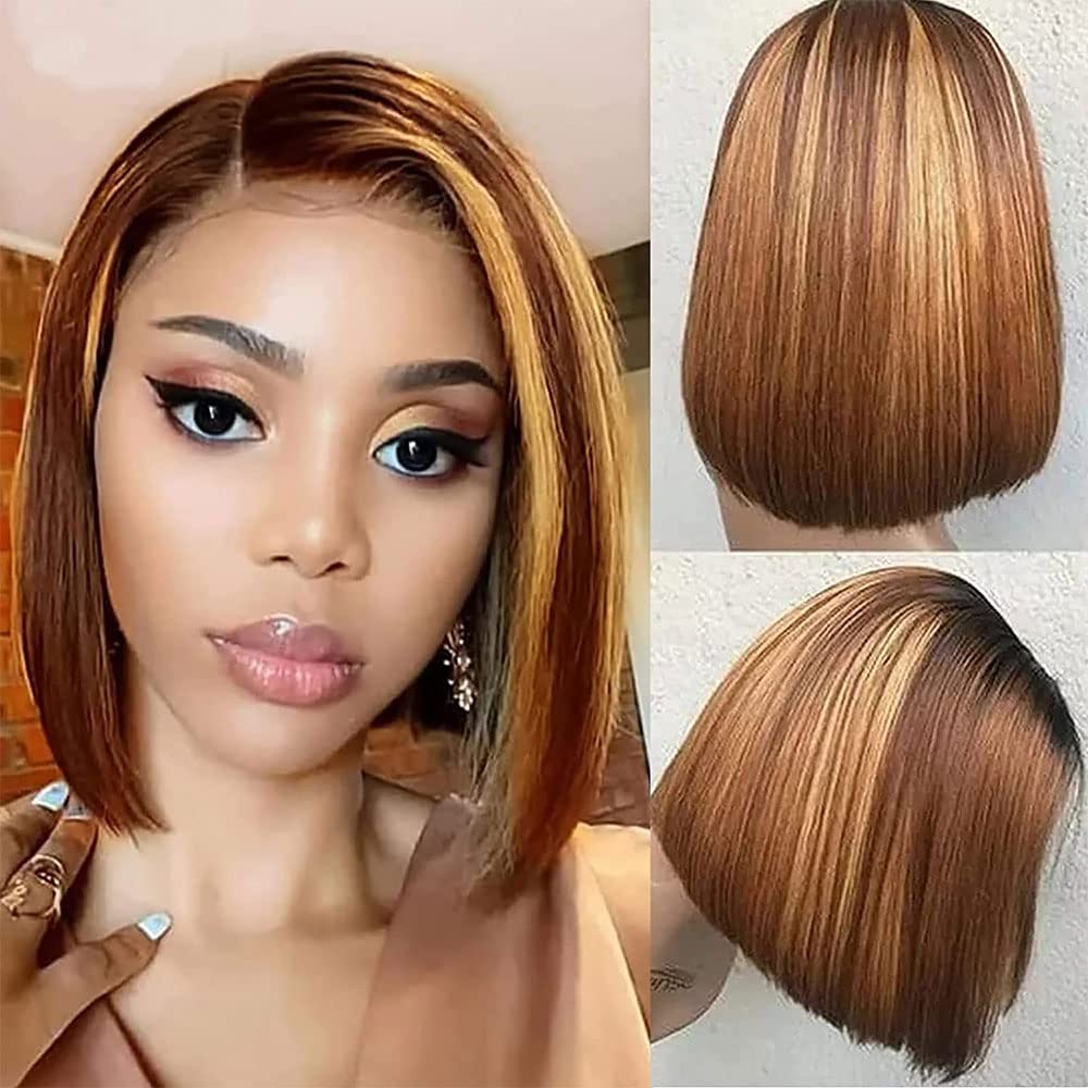 Short Straight Bob Wigs Human Hair 13x6 Lace Closure P4/27 Bob Wigs for Black Women 150% Density