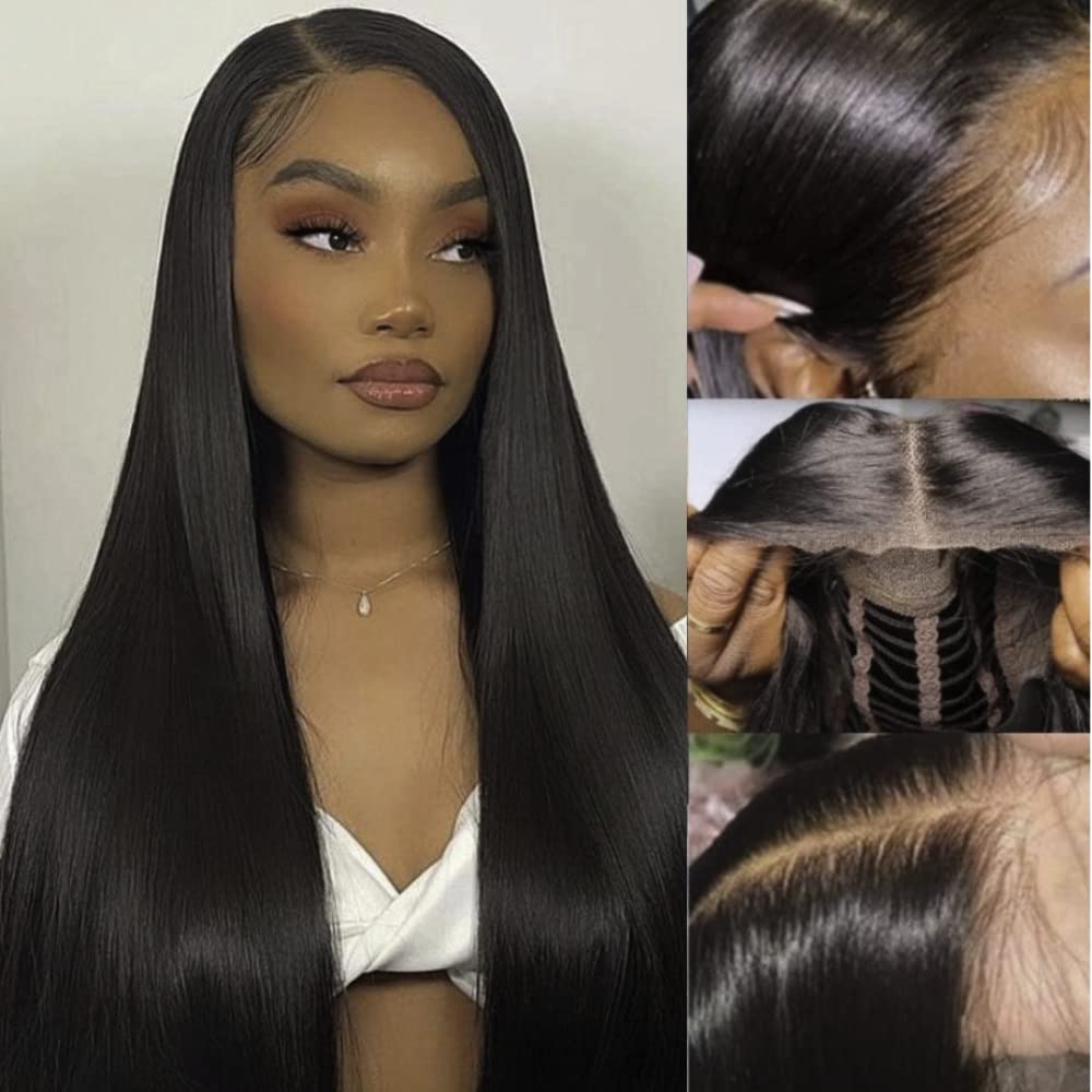 200% Density 7x5 Wear and Go Glueless Wig 40 Inch HD Straight Lace Front Wigs Human Hair Glueless Wigs Human Hair Pre Plucked Pre Cut for Women Natural Black Wig