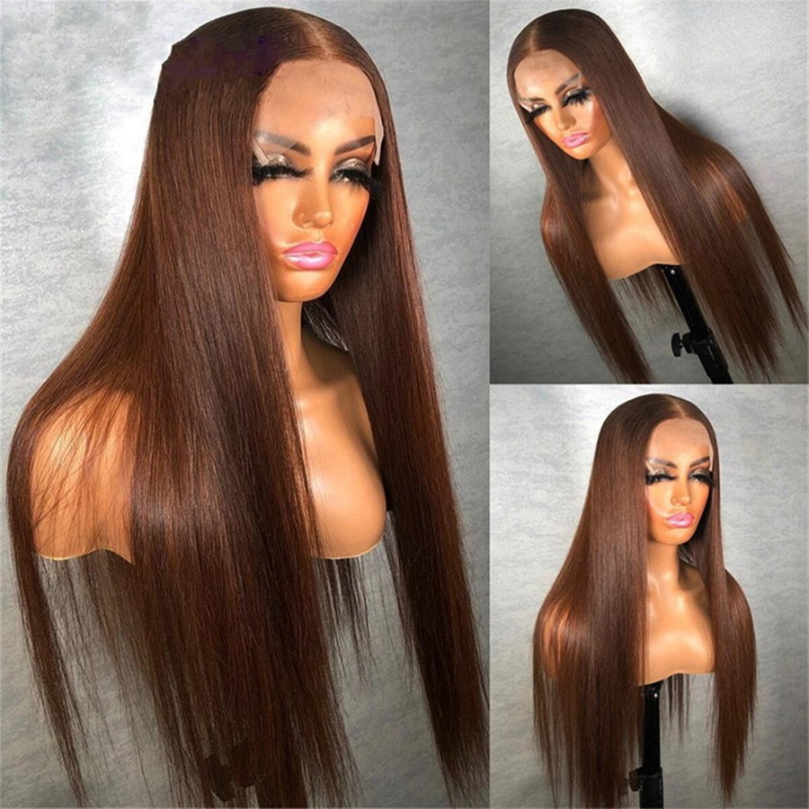 Chocolate Brown Straight Human Hair Wigs 4x4 Lace Closure Silky Straight Brown Wig