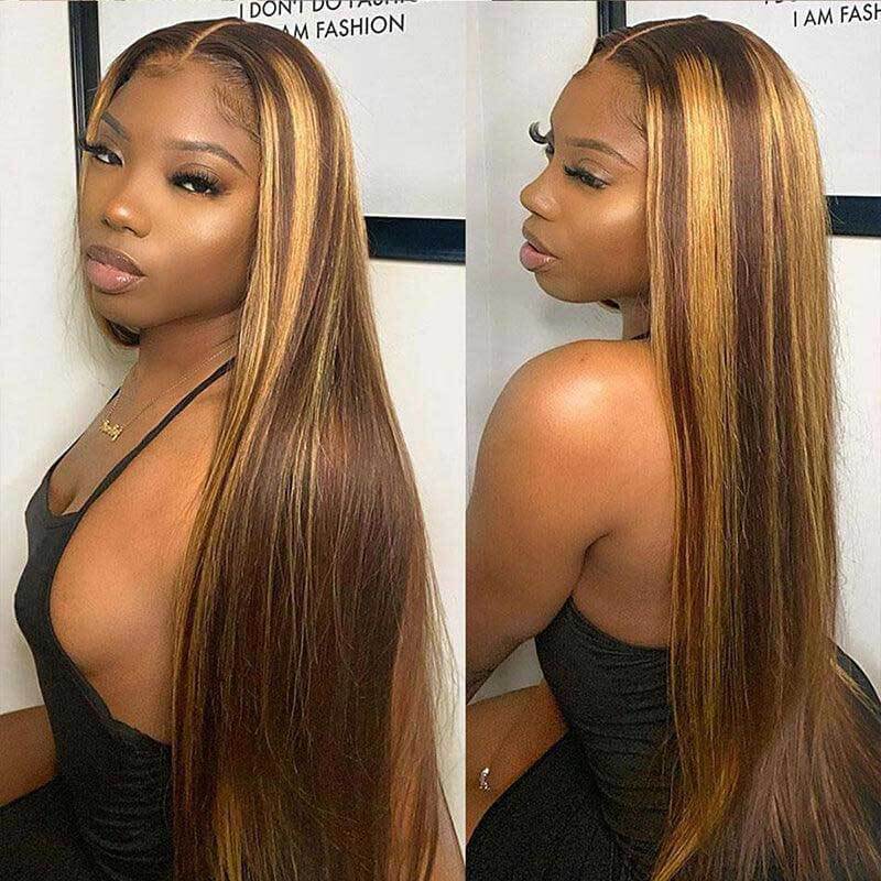 P4/27 Straight Wigs 180% Density Human Hair 13x4 Lace Front Ombre Highlight Wig