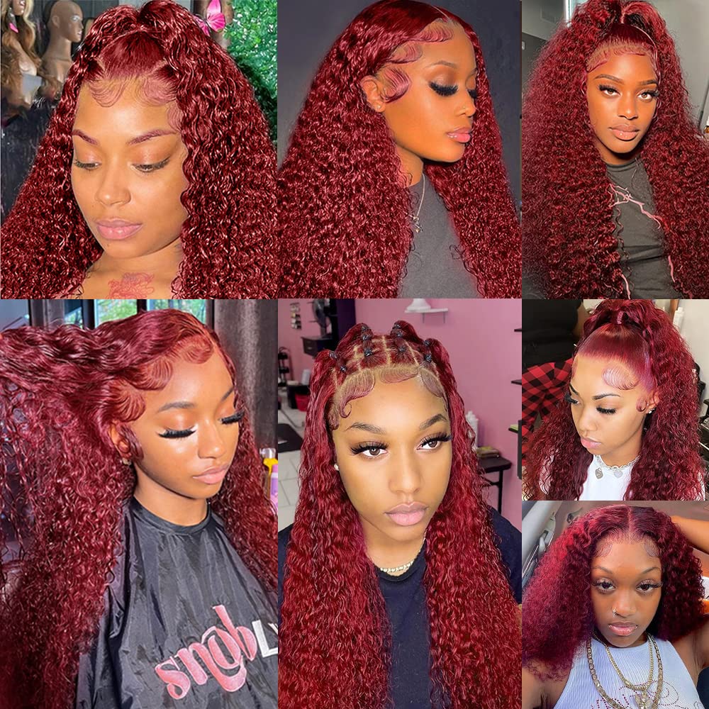 99J Curly Wave Wigs Human Hair 13x4 Lace Frontal Kinky Curly Burgundy Wig Pre Plucked With Baby Hair