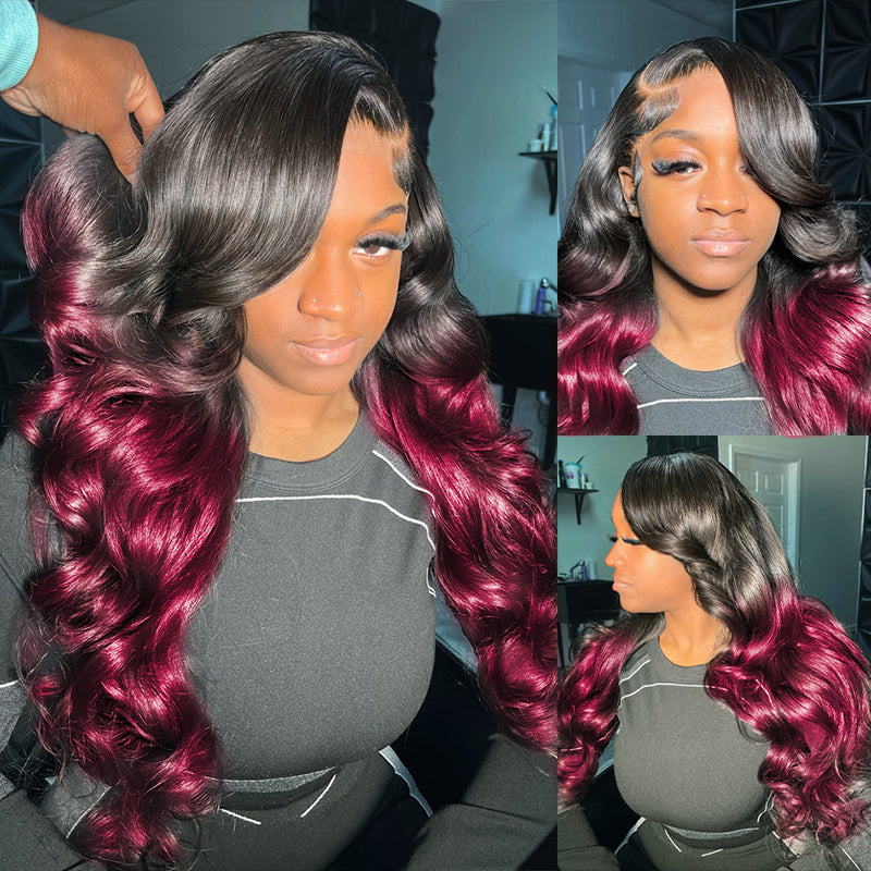 Body Wave T1B/BURG Wigs Human Hair 4x4  Lace Closure Wig Pre Plucked With Baby Hair