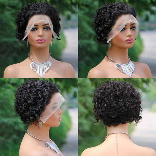 natural black pixie curly human hair wig 360 show the product details