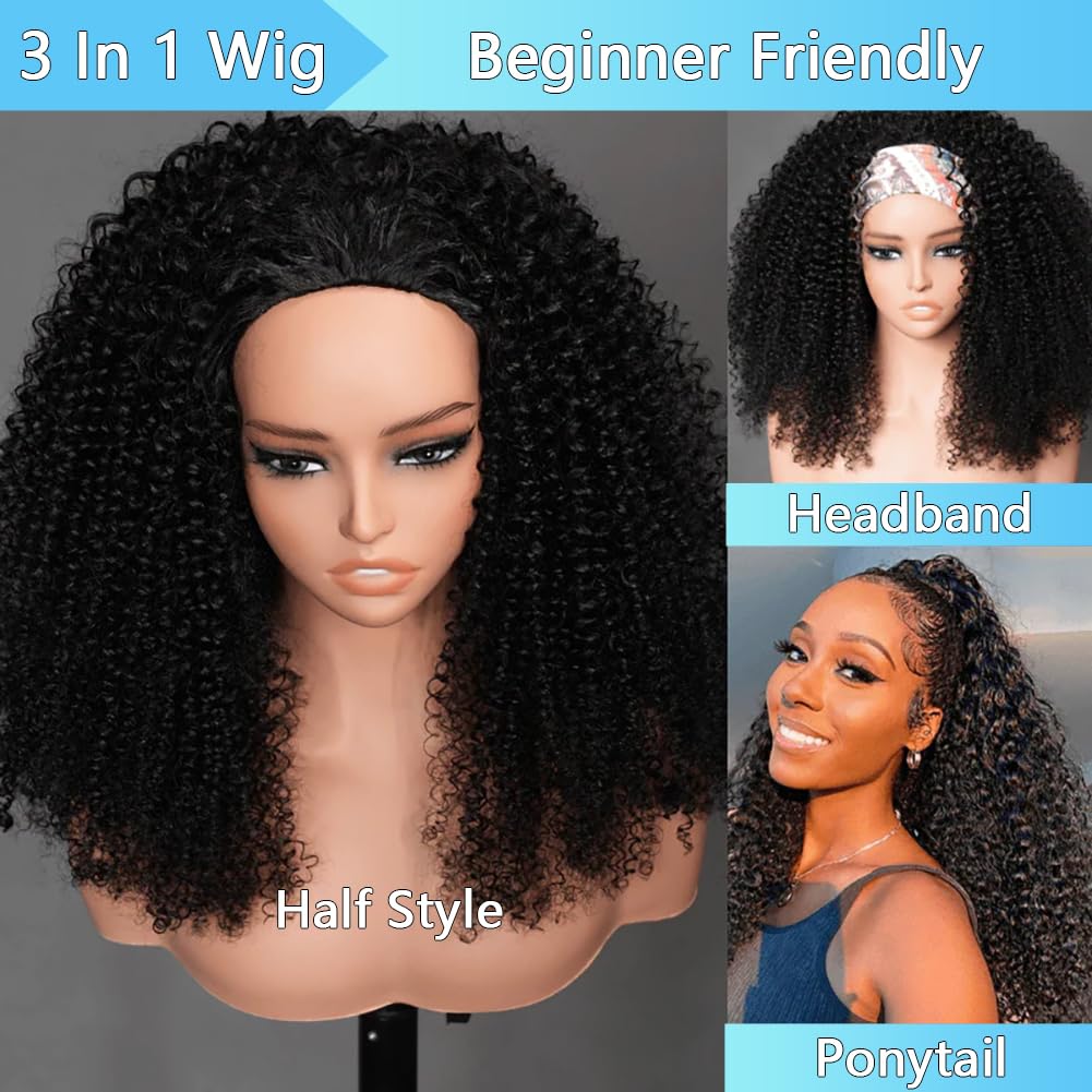 Chic Rosa Kinky Curly Half Wig Human Hair 200% Density Wear Go Glueless Wigs Human Hair Curly 3 In 1 Half Wigs for Women Drawstring Seamless Flip Headband Wig Beginner Friendly