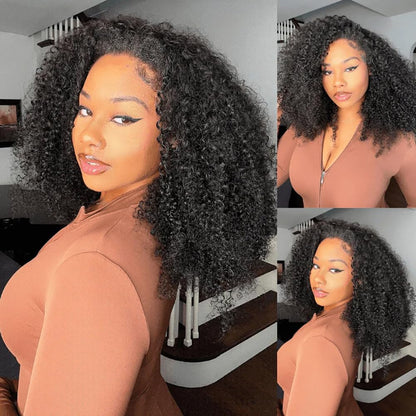 Chic Rosa Kinky Curly Half Wig Human Hair 200% Density Wear Go Glueless Wigs Human Hair Curly 3 In 1 Half Wigs for Women Drawstring Seamless Flip Headband Wig Beginner Friendly