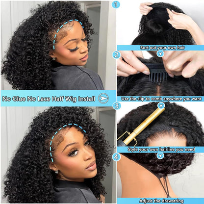 Chic Rosa Kinky Curly Half Wig Human Hair 200% Density Wear Go Glueless Wigs Human Hair Curly 3 In 1 Half Wigs for Women Drawstring Seamless Flip Headband Wig Beginner Friendly