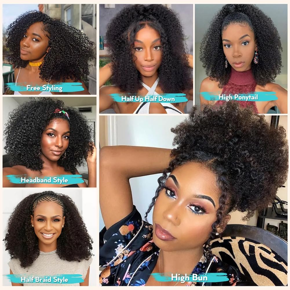 Chic Rosa Kinky Curly Half Wig Human Hair 200% Density Wear Go Glueless Wigs Human Hair Curly 3 In 1 Half Wigs for Women Drawstring Seamless Flip Headband Wig Beginner Friendly