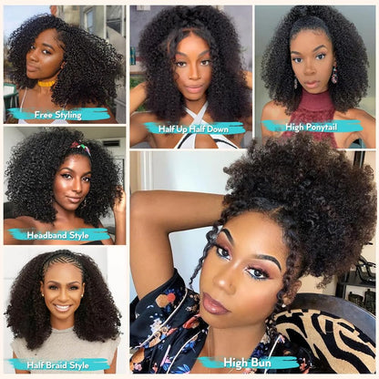 Chic Rosa Kinky Curly Half Wig Human Hair 200% Density Wear Go Glueless Wigs Human Hair Curly 3 In 1 Half Wigs for Women Drawstring Seamless Flip Headband Wig Beginner Friendly
