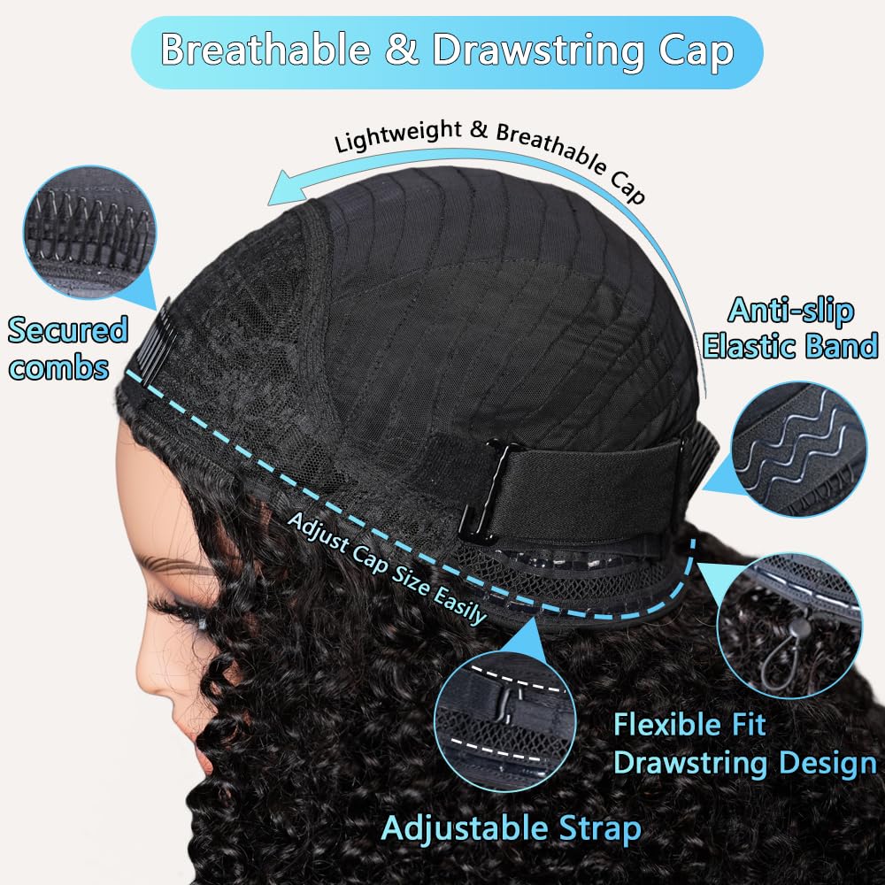Chic Rosa Kinky Curly Half Wig Human Hair 200% Density Wear Go Glueless Wigs Human Hair Curly 3 In 1 Half Wigs for Women Drawstring Seamless Flip Headband Wig Beginner Friendly