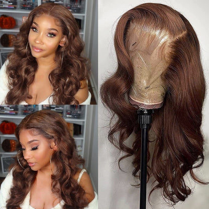 13×4 Lace Front 4# Brown Wavy Wigs Human Hair Pre Plucked Burmese Human Hair