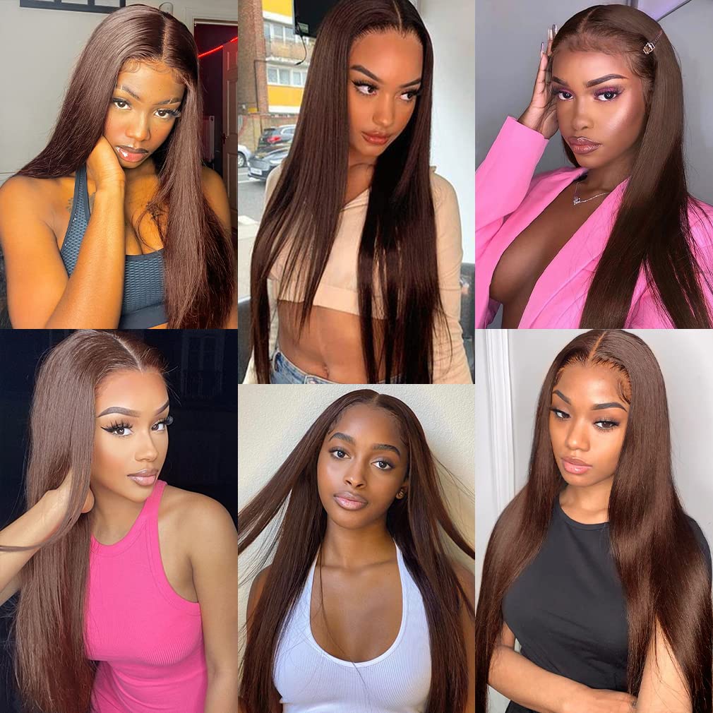 Chocolate Brown Straight Human Hair Wigs 4x4 Lace Closure Silky Straight Brown Wig